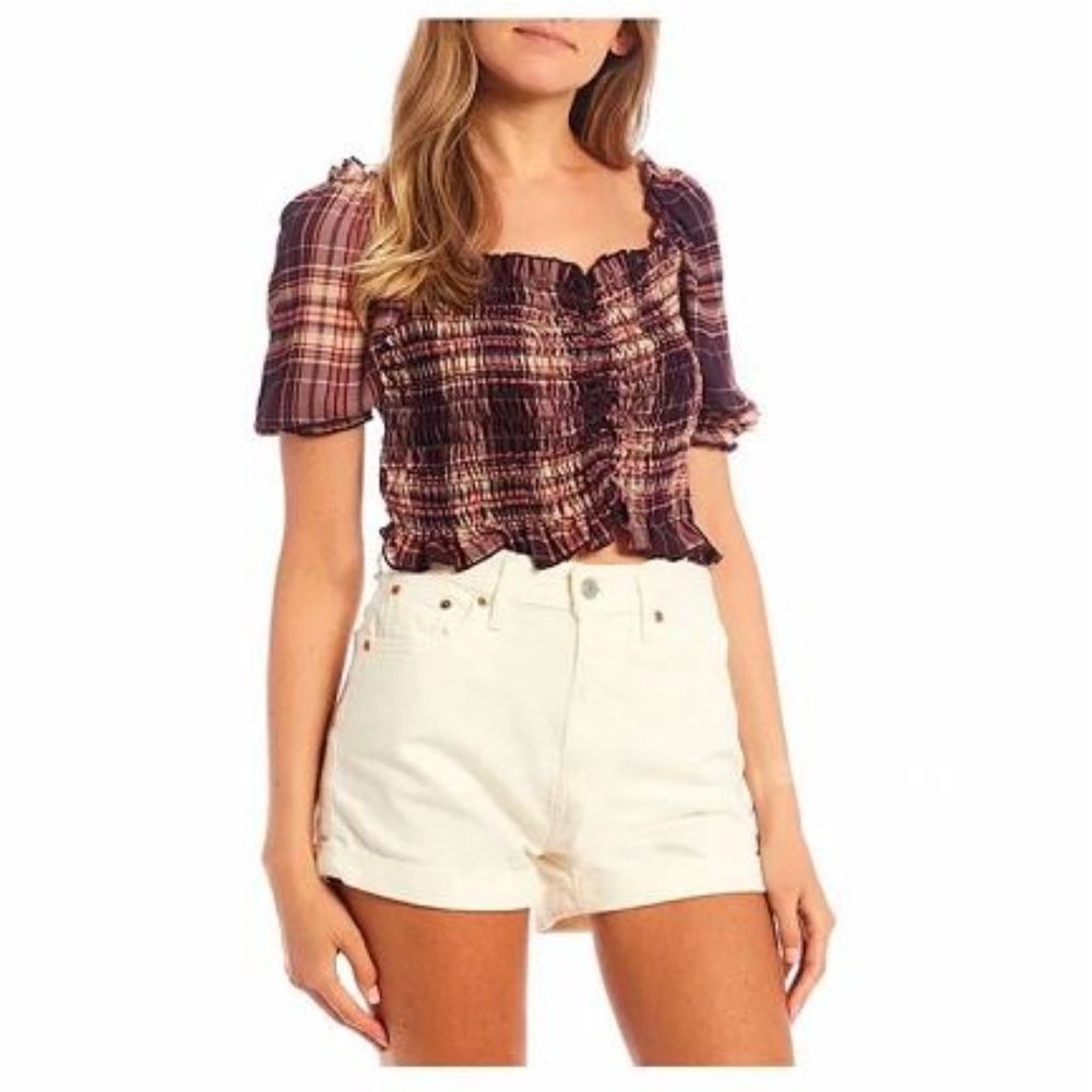 Evolutionary Burgundy Plaid Smocked Sheer Crop Top L